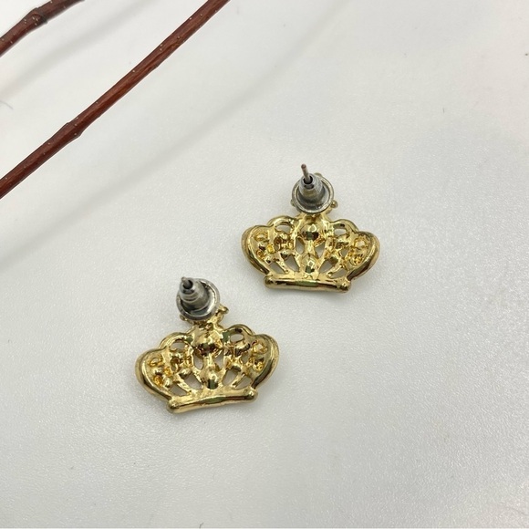 Queen Princess Crown Earrings Gold-Tone & Rhinestone Pierced Earrings - Picture 6 of 8